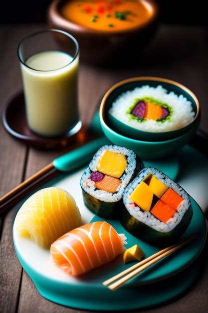 Composición visual: un vaso de sake junto a un plato de sushi y un nigiri.
