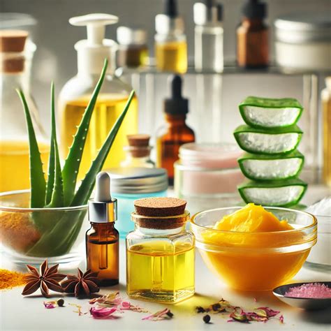 Ilustración de varios ingredientes naturales para cosmética casera como aceites, hierbas y flores.