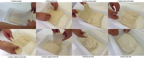 Infografía detallando los pasos de los pliegues de la masa hojaldrada, mostrando cómo estirar, doblar en tres y refrigerar.