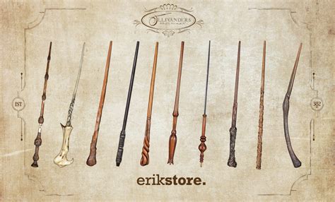 Ilustración de varitas mágicas de diferentes maderas y con distintos núcleos del universo Harry Potter.