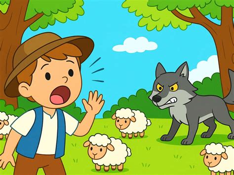 dibujo de un lobo disfrazado de pastor con un sombrero y ropa, siendo engañado por una cabrita