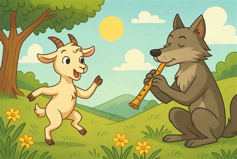 ilustración de un cabrito bailando al son de una flauta que toca un lobo, con perros pastores acercándose