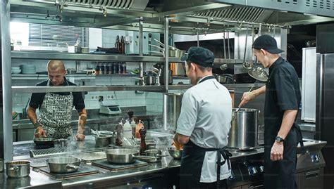 Equipo de cocina preparando platos en un entorno profesional