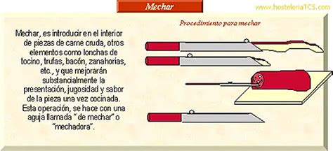 Ilustración de una aguja de mechar y un cuchillo fino para demostrar la técnica de mechar carne.