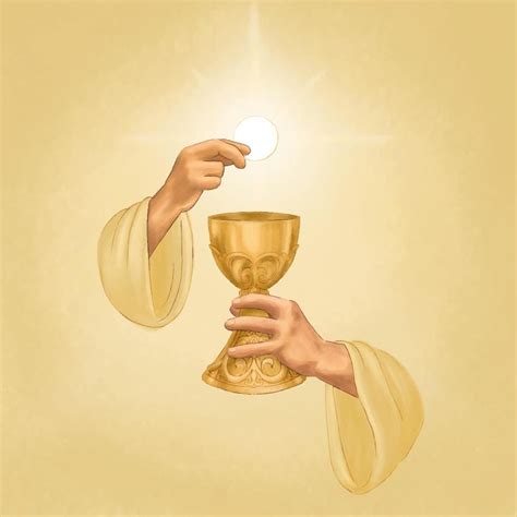 Ilustración de pan y vino sobre una mesa, con luz divina emanando de ellos