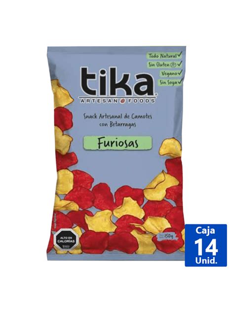 Infografía mostrando los ingredientes principales de las papas fritas Tika: camote, papas exóticas, betarraga.