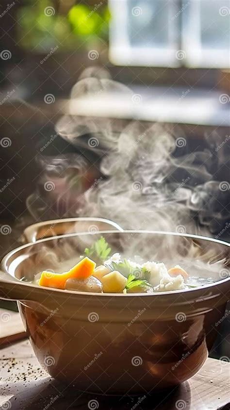 Ilustración de una cazuela humeante con trozos de carne y verduras