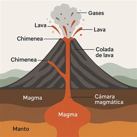 Esquema de la forma básica de un volcán con su chimenea.