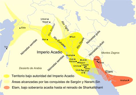 Mapa de la extensión del Imperio acadio con las conquistas de Sargón.
