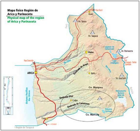 Mapa de la ruta desde Arica hacia la Caleta Camarones destacando los desvíos en la Ruta 5 Norte