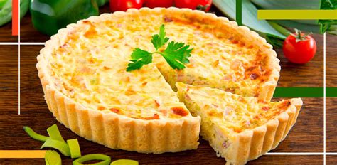 Esquema de los componentes básicos de una quiche: masa quebrada, relleno de huevo/nata y vegetales o quesos