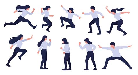 Esquema de un personaje en movimiento con una línea de acción curva resaltada en color neón
