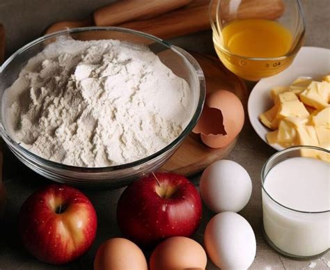 Composición de los ingredientes frescos dispuestos para la elaboración de la tarta de manzana y crema pastelera.