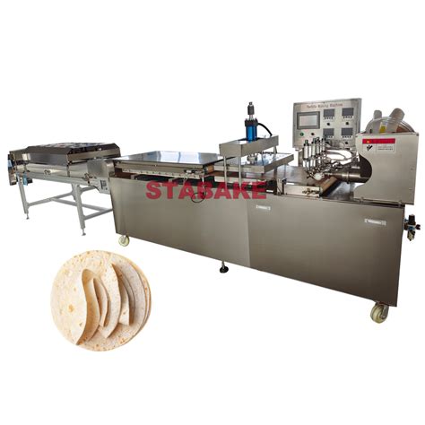 Esquema de una línea de producción automática para tortillas de harina, mostrando el flujo de la masa a través de las máquinas.
