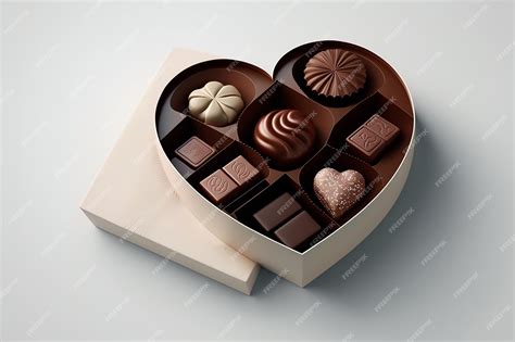 Ilustración de una caja de chocolates en forma de corazón abierta, mostrando varios bombones individuales en forma de corazón.