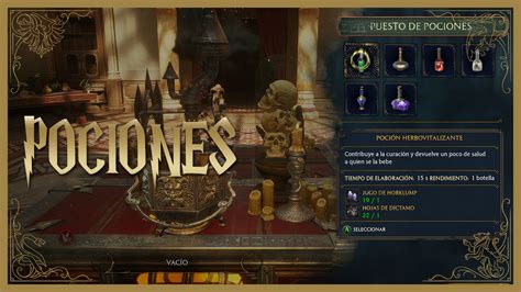 Ilustración de varias pociones de Hogwarts Legacy en un estante.