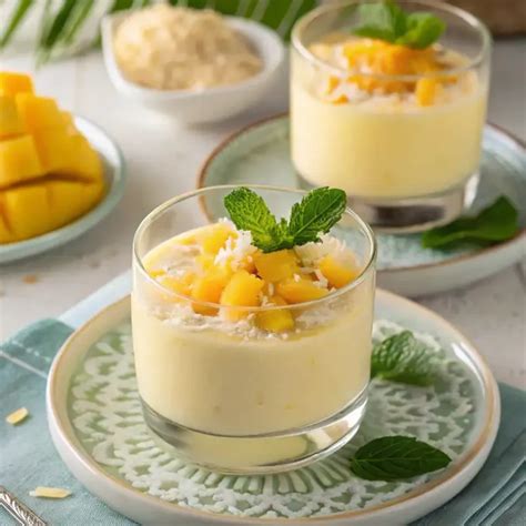 Imagen de un vaso de parfait de mango y coco siendo montado, mostrando las capas de crema, mango y granola.