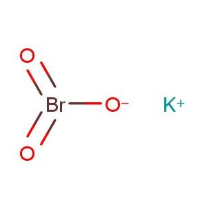 Símbolo de advertencia o estructura química del bromato de potasio
