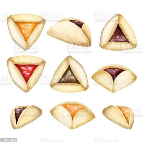 Imagen de Hamantaschen variados, mostrando diferentes rellenos y decoraciones, como semillas de amapola y azúcar glas.