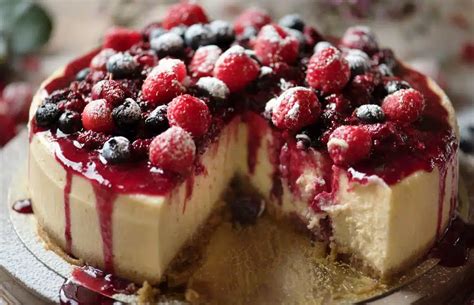 Imagen de un cheesecake de kéfir terminado, decorado con frambuesas frescas y una salsa de frambuesa.