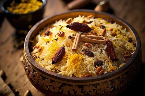 Plato de arroz basmati con azafrán, almendras y frutos secos servido en una mesa elegante
