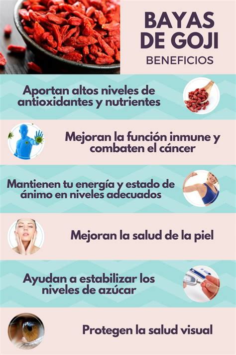 Infografía que muestra los nutrientes principales de las bayas de Goji: vitamina C, antioxidantes, fibra y minerales.