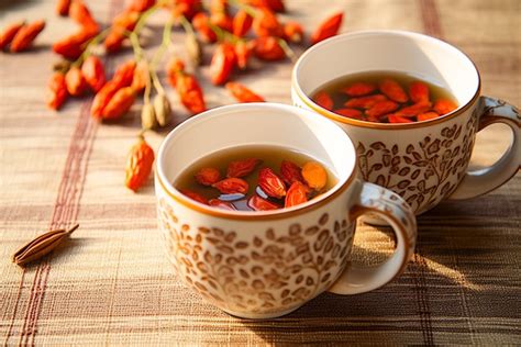 Imagen de una taza de infusión de bayas de Goji con rodajas de limón y canela.