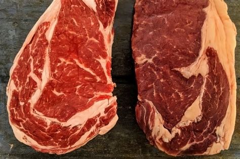 Esquema visual sobre cómo identificar frescura en la carne por color y olor, y la diferencia entre marmoleado y grano.