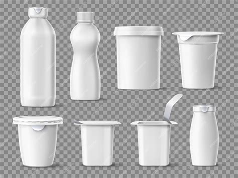 Ilustración de varios envases de yogur de plástico de diferentes colores y tamaños.