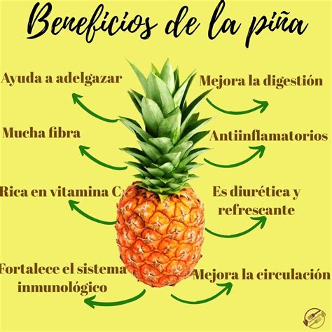 infografía con los principales beneficios nutricionales de la piña (vitaminas, potasio, bromelina y acción hidratante)