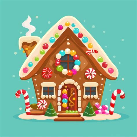 Ilustración de una acogedora casa de jengibre decorada con glaseado y caramelos, lista para ser colocada en una puerta.
