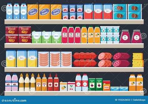 Ilustración del interior de un supermercado con estanterías llenas de productos y personajes de BabyBus comprando.